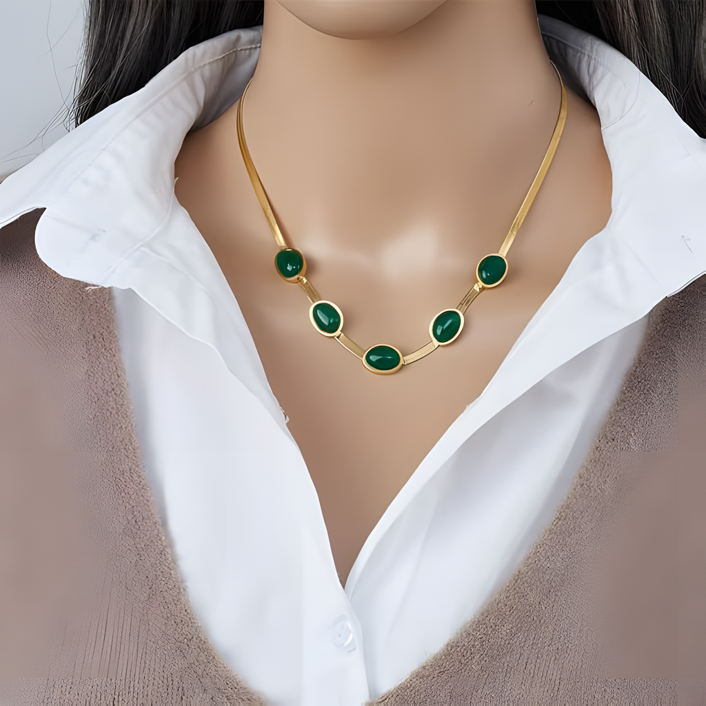 Oval Green Crystal Pendant Necklace Complete Set