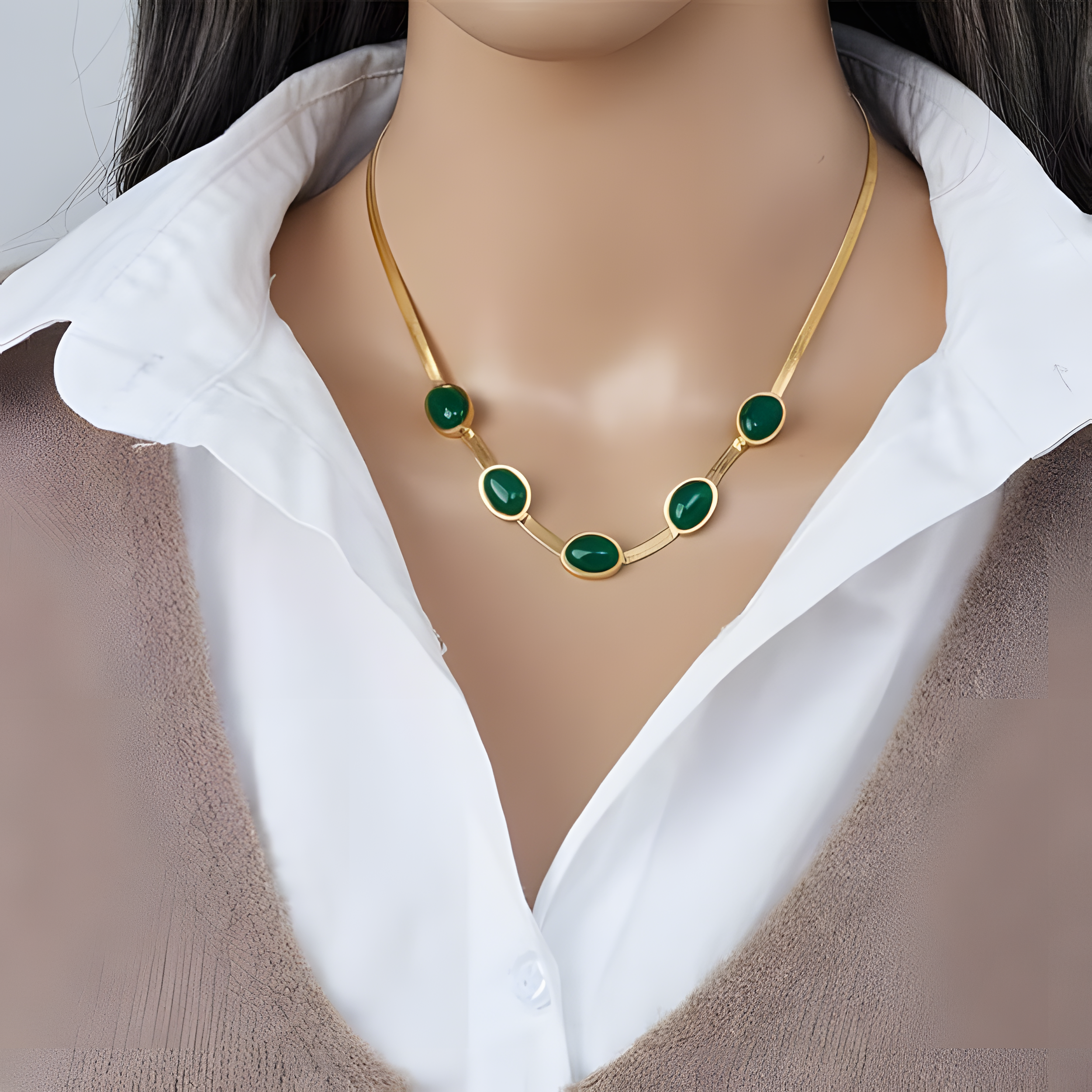 Oval Green Crystal Pendant Necklace Complete Set