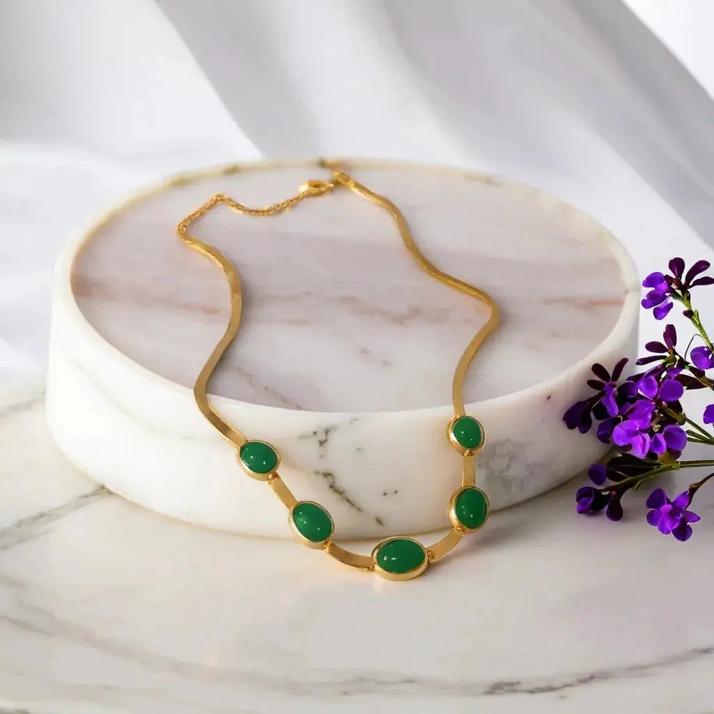 Oval Green Crystal Pendant Necklace Complete Set